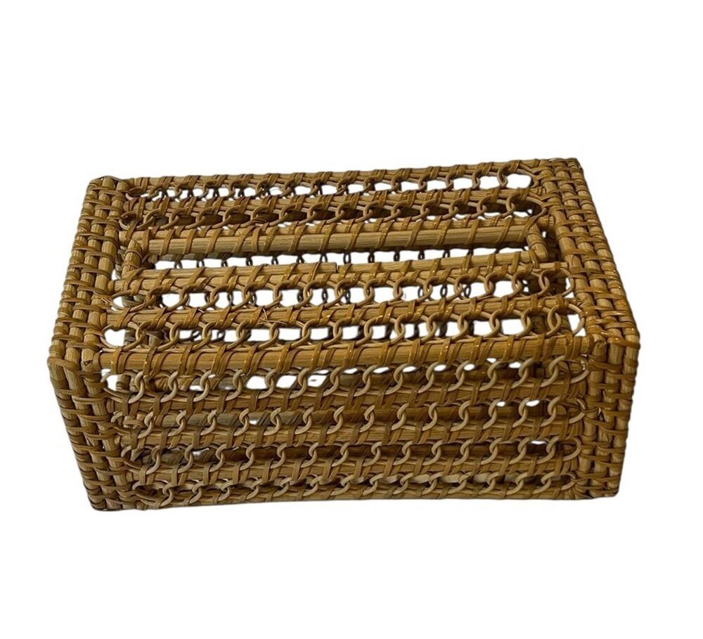 Vintage Wicker Tissue Box Cover Rattan Rectangle Boho Farmhouse Cottage Long